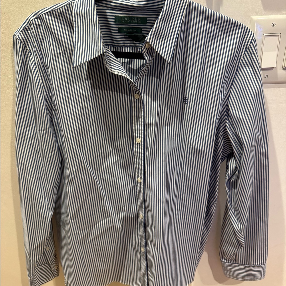 Ralph Lauren Women’s Navy and White Vertical Stripe Dress Shirt